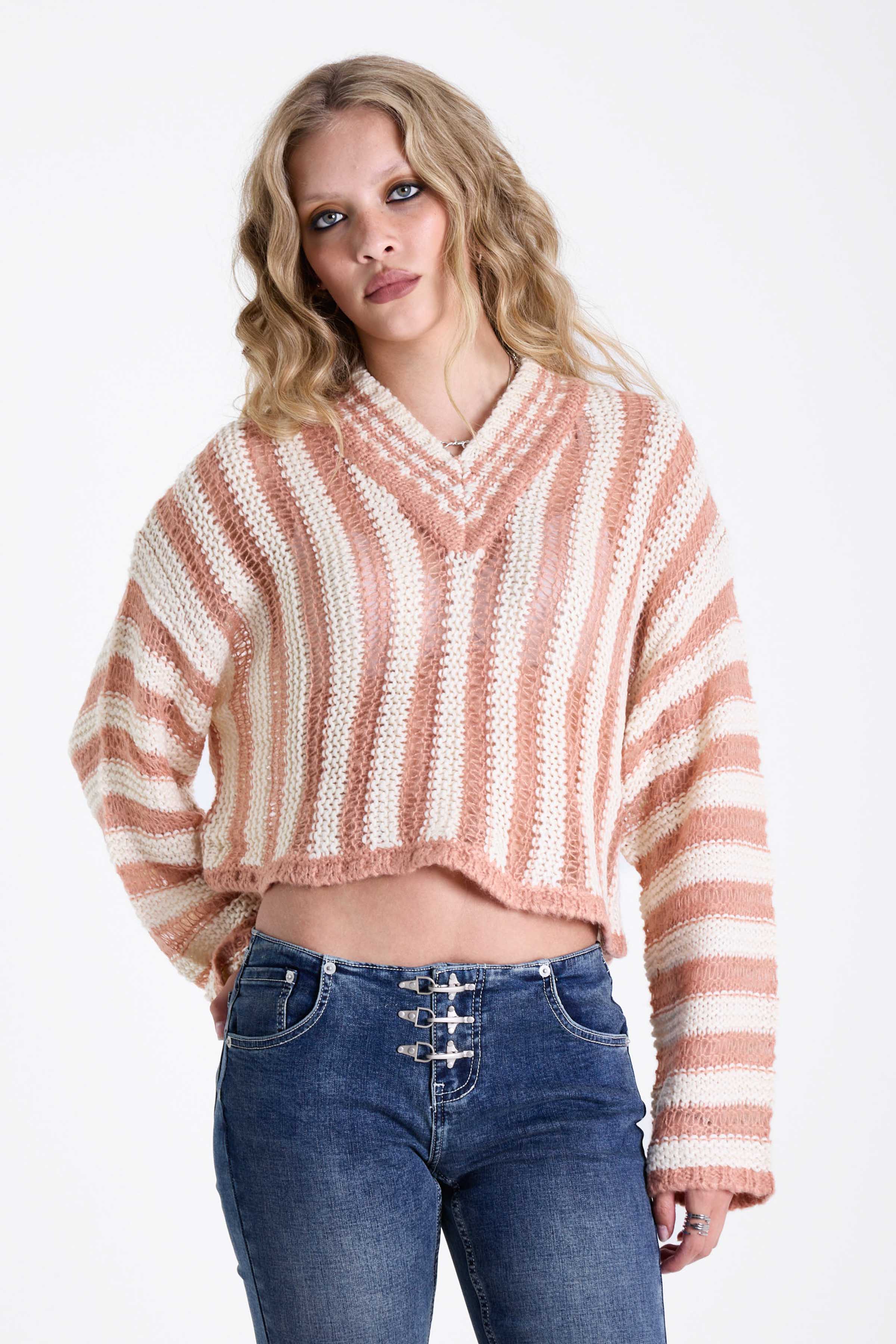 Plumb Stripe V-Neck Knit Jumper