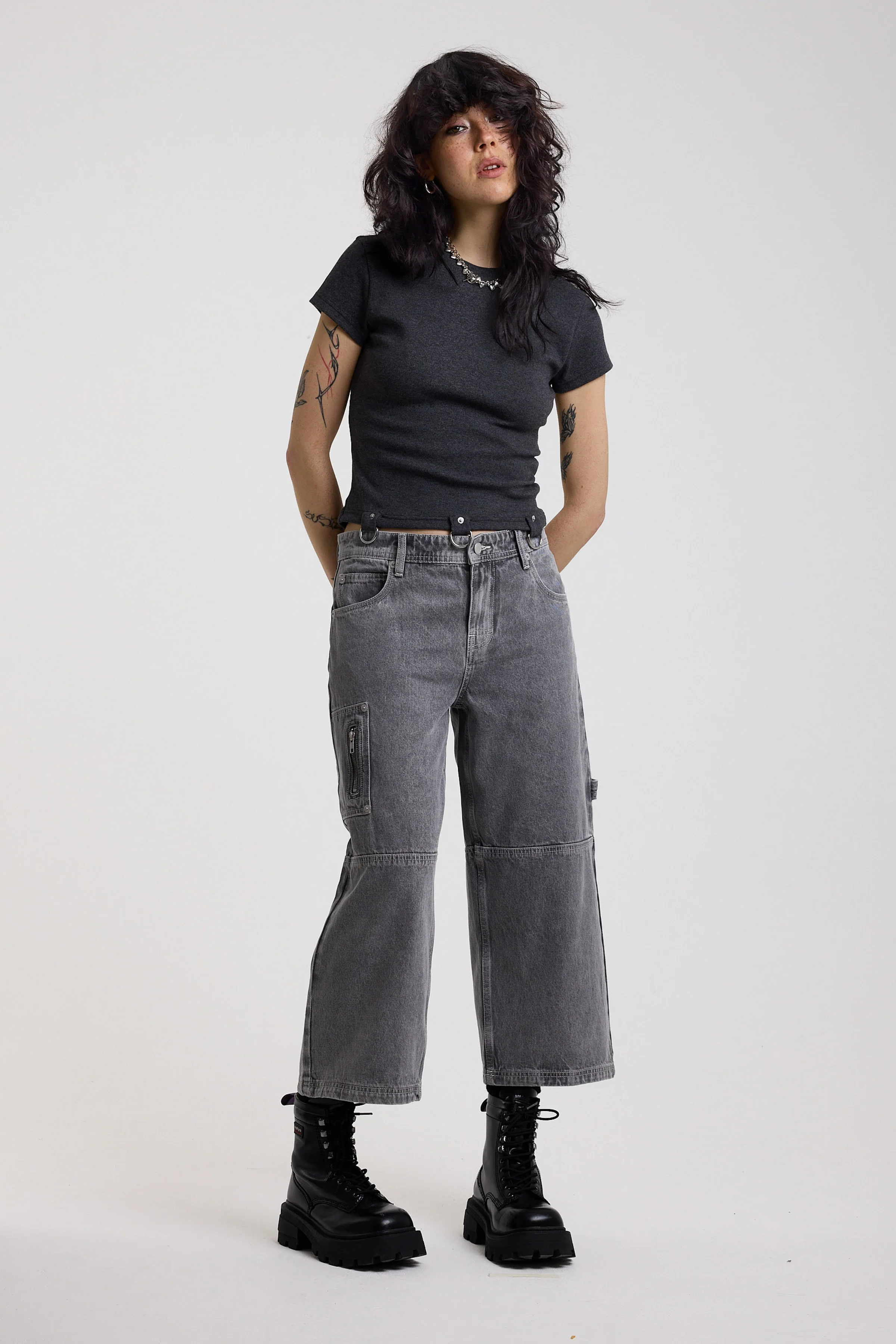 Rise Grey Cropped Baggy Jeans - Image 5